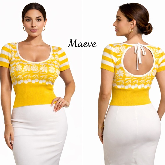 Maeve Tops - Maeve Anthropologie Yellow Floral Knit Top Open Back Tie Size L summer top 🍒